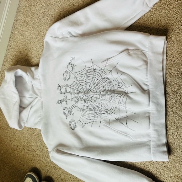 Sp5der OG Rhinestone Logo White Hoodie Sweatshirt Size Medium - Picture 7 of 8